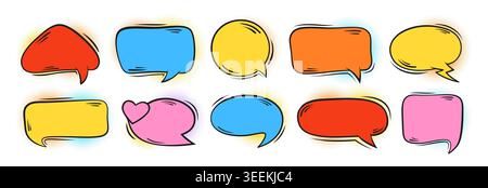 Collection colorée de bulle de discours comique. Zones de texte de dessin animé vierges, nuages de dialogue en demi-teinte, bulles de chat doodle couleurs vives. Cadres vierges pop art pour autocollant, logo, étiquette et bannière. Ensemble de vecteurs Illustration de Vecteur