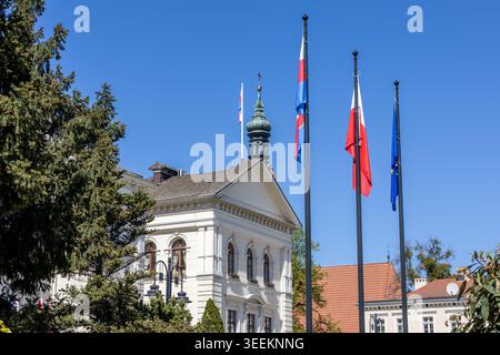 Un bâtiment de la mairie se dresse sur la place du Vieux marché à Bydgoszcz avec plusieurs drapeaux hissés sur de hauts poteaux devant la structure. Banque D'Images