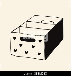 Vecteur doodle d'une boîte de rangement divisée ou caddy de nettoyage avec des motifs cardiaques. Illustration dessinée à la main d'un conteneur d'organisation à domicile pour les outils Illustration de Vecteur
