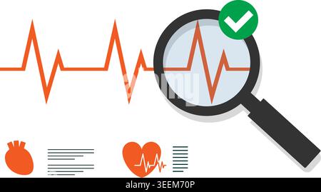 Icône vectorielle plate affichant une loupe sur un graphique de fréquence de pouls avec une coche verte pour l'analyse de la santé médicale. Illustration de stock. Illustration de Vecteur
