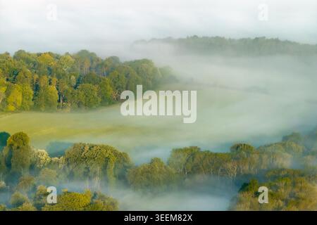 Vue aérienne de la brume roulant sur des champs verdoyants et des forêts denses dans les collines de la campagne près de Nuffield, Oxfordshire, Royaume-Uni. Banque D'Images