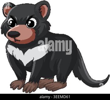 Illustration vectorielle plate d'un diable de Tasmanie grincheux avec une fourrure noire et des marques blanches Illustration de Vecteur