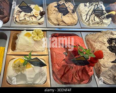 SYMB/EISLADEN- Verschiedene Bunte Sorten Speiseeis in gekuehlten Metallschalen Auslage hinter Glas in einer Eisdiele Eiscafe Eissalon zum Verkauf Kugel in Waffeltueten auf die hand in Hamburg Speiseeises sind vorwiegend Flüssigkeiten wie Wasser Milch Sahne Eigelb, verruehrt mit Zucker und verschiedenen Zusaetwie Fruchtwie vanille oder Schokolade HH Deutschland *** SYMB EISLADEN différents types de crème glacée dans des bols en métal refroidi affichage derrière le verre dans un salon de crème glacée salon de crème glacée à vendre scoop dans des cônes gaufrés sur la main à Hambourg la crème glacée est principalement des liquides tels que l'eau lait cre Banque D'Images