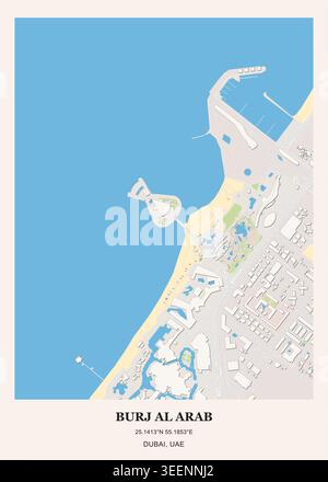 Plan architectural détaillé du site et plan urbain du Burj Al Arab et de la zone côtière environnante de Jumeirah à Dubaï, Émirats arabes Unis. Illustration de Vecteur