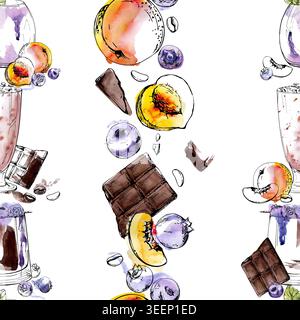 Modèle sans couture avec un mélange de smoothies crémeux de pêche, de myrtille et de chocolat, des garnitures de fruits et de baies dessinées à la main à l'aquarelle et à la ligne fine d'encre Banque D'Images