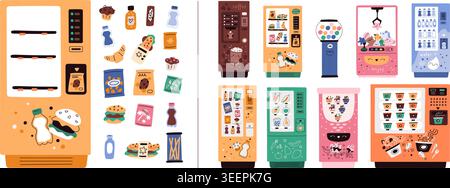 Distributeurs automatiques vendant des collations. Achat de fast-food. Bouteille d'eau, bonbons et jouets. Automate Gashapon. Appareils électroniques avec aliments et boissons Illustration de Vecteur
