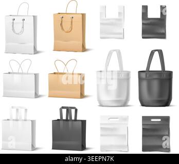 Sacs à provisions réalistes. Maquettes 3D de sacs à main en toile. Plastique et papier blanc, noir et beige. Packs avec poignées. Paquets Shopper Illustration de Vecteur