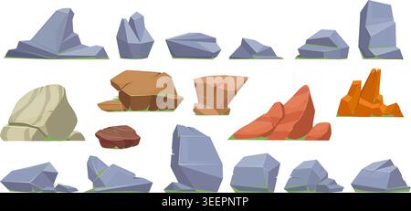 Roches de style dessin animé. Fragments de falaises et de montagnes. Formes et textures carieuses. Objets polygonaux recouverts de mousse. Minéraux géologiques. Rugueux Illustration de Vecteur