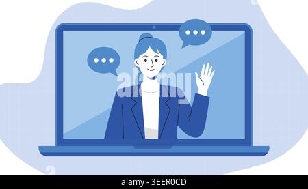 Appel vidéo de réunion en ligne virtuel avec la femme agitant sur l'écran d'ordinateur portable illustration vectorielle de service de communication sociale Illustration de Vecteur