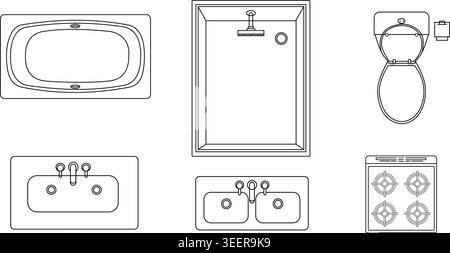 Vue de dessus salle de bains et appareils de cuisine éléments de contour de plan, y compris baignoire, lavabo et poêle pour la planification Illustration de Vecteur