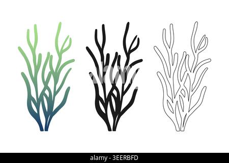 Ensemble simple de doodle aux algues ressemblant à gracilaria avec dégradé vert, silhouette noire et dessin au trait pour la décoration d'aquarium, éco-marque et textile marin Illustration de Vecteur
