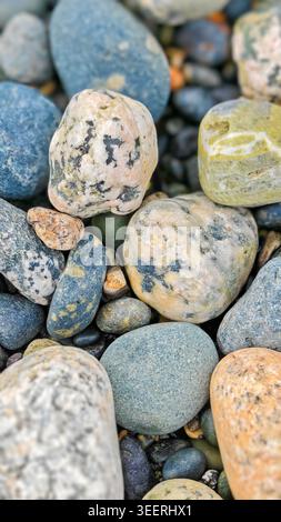 Nature morte avec une collection de pierres de galet lisses. Comprend des textures mélangées, des nuances de bleu, de gris et de beige. L'éclairage naturel met en valeur le surfac Banque D'Images