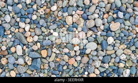 Gros plan de tailles et de couleurs variées de cailloux, cadre de remplissage dans la composition de pose à plat. La lumière neutre souligne les textures de pierre lisses. Contexte pour Banque D'Images