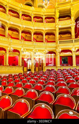 Des rangées de sièges rouges remplissent la salle de l'Opéra national hongrois de Budapest. Les visiteurs admirent les détails du grand bâtiment. Banque D'Images