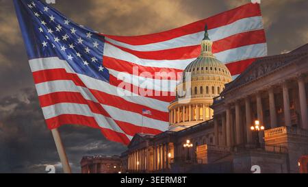 Bâtiment du Capitole AMÉRICAIN la nuit avec un drapeau américain en arrière-plan, Washington DC, États-Unis. Joyeux 4 juillet – jour de l’indépendance ! Banque D'Images