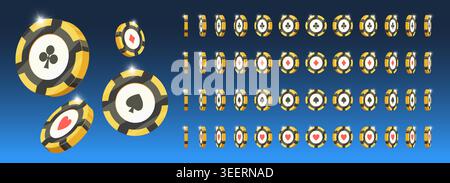 Jetons de poker VIP rotatifs. Animation de rotation de pièces de casino en or noir 3D. Icônes de jeu de club de diamants Spade Heart. Jetons étincelants tombants réalistes isolés bg. ELEMENT D'interface utilisateur de jeu D'argent gagnant en ligne. Illustration de Vecteur