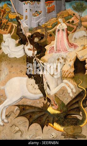 Saint George et le Dragon, 1434-35, par Bernat Martorell, panneau central d'un retable, montrant le saint tuant le dragon devant une foule de spectateurs. Banque D'Images