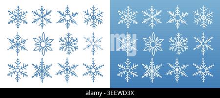 Icône flocon de neige. Placez des flocons de neige bleus isolés sur fond blanc. Esquissez un flocon de neige. Нand dessiné des flocons de neige. Dessiner à la main des étoiles de glace. Dessin d'étoiles hiver Illustration de Vecteur