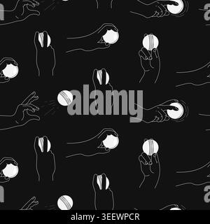 Cricket White Ball Bowling Grips Seamless Pattern. Mains d'art White Line avec boule blanche sur fond noir. Séquence d'action professionnelle de la main. Vecteur Illustration de Vecteur