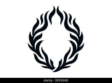 Emblème de couronne de flamme tribale abstraite courbes de feu stylisées. Symétrie circulaire audacieux ornement monochrome design graphique inspiré du tatouage moderne Illustration de Vecteur