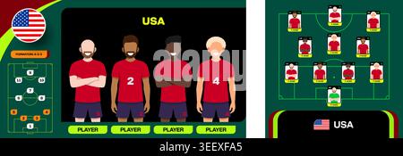 L'équipe nationale de football des États-Unis affiche une formation tactique pour le tournoi mondial 2026 annonce de match graphique vectoriel.. Illustration de Vecteur