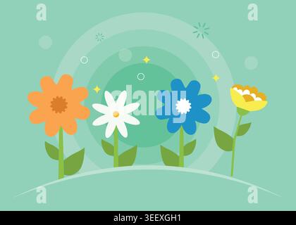 Illustration vectorielle plate de fleurs printanières colorées dans une scène de jardin joyeuse avec des éléments de nature modernes et un style décoratif propre. Illustration de Vecteur