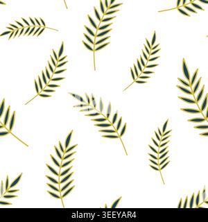 Dessin numérique d'un motif sans couture avec des feuilles de branche de fougère vert foncé sur un fond blanc Banque D'Images