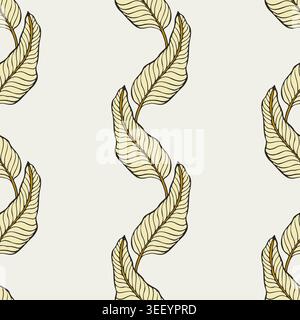Modèle sans couture avec des feuilles de banane tropicales dessinées à la main dans un style élégant de ligne dorée sur fond crème clair, parfait pour le papier peint botanique de luxe Illustration de Vecteur
