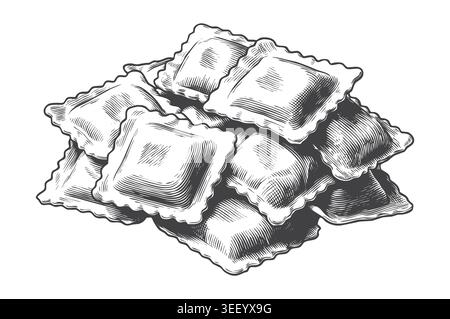 Un dessin au trait magnifiquement texturé de pâtes raviolis carrées traditionnelles pour une marque de pâtes artisanales fraîches et des menus. Illustration de Vecteur