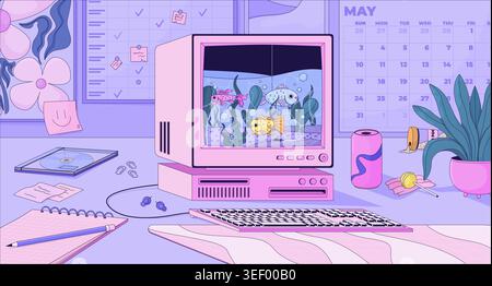 Rétro ordinateur bureau aquarium illustration lofi Illustration de Vecteur