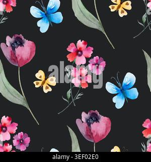 Motif tulipe fleuri sans couture avec fleurs tulipes multicolores grandes fleurs roses et vertes Banque D'Images