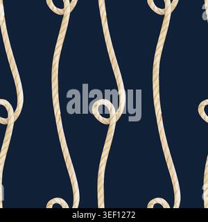 Motif sans couture aquarelle peint à la main avec des cordes nautiques courbées avec des boucles. Texture torsadée réaliste de fibre de jute naturelle en beige clair et Banque D'Images