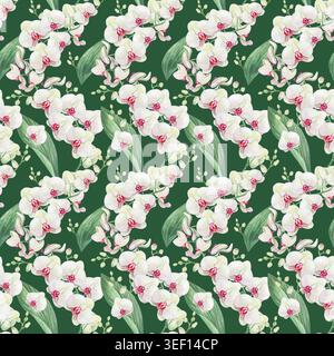 Motif sans couture aquarelle avec des branches d'orchidées blanches sur fond vert foncé profond. Conception botanique, illustration détaillée réaliste dessinée à la main. Banque D'Images