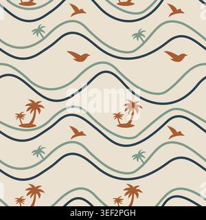 Modèle sans couture vectoriel avec des îles de plage, des mouettes volantes et des lignes de mer ondulées. Élégants tons terreux discrets, parfaits pour les designs de voyage d'été. Illustration de Vecteur
