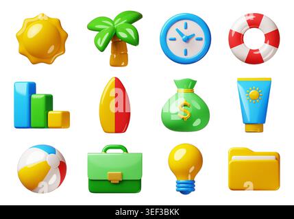 Dessins animés 3d été et icônes de travail. Drôles d'objets brillants chubby, freelance et travail à distance, style de rendu, loisirs de plage, bureau, symboles colorés pour Illustration de Vecteur