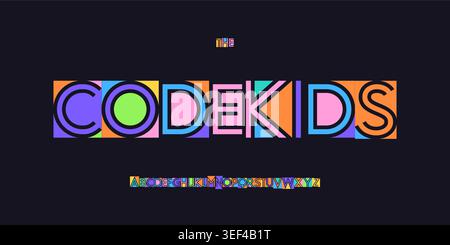 Code Kids alphabet géométrique coloré de police, lettres de codage ludiques pour la classe de technologie des enfants, logo STEM, affiche scolaire et éducation numérique Illustration de Vecteur