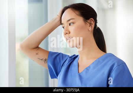 Pensée, femme et infirmière à l'hôpital avec regret pour erreur médicale, échec ou perte de patient. Réflexion, bouleversement et travailleuse de santé asiatique par Banque D'Images