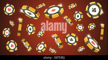 Puces d'or noir volantes. 3D réaliste pièces de poker fond rouge. Symboles de pari de jeu de dés de la roulette de blackjack signe de jeu de luxe. Éléments rotatifs de jeu en ligne Illustration de Vecteur