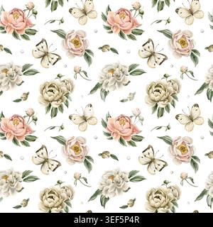Peonies Flowers Butterflies Seamless Pattern. Aquarelle dessinée à la main illustratoin floral isolé sur fond blanc pour la conception d'été à la maison textile WR Banque D'Images