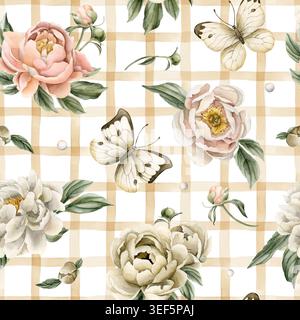 Peonies Flower Butterflies Beige Plaid motif sans couture à carreaux. Aquarelle dessinée à la main illustratoin floral isolé sur fond blanc pour l'été des Banque D'Images