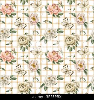 Peonies Flower Butterflies Beige Plaid motif sans couture à carreaux. Aquarelle dessinée à la main illustratoin floral isolé sur fond blanc pour l'été des Banque D'Images