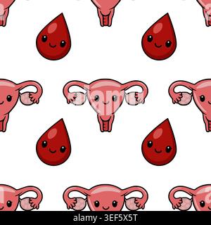 Joli utérus kawaii et illustration vectorielle de modèle sans couture de goutte de sang Illustration de Vecteur
