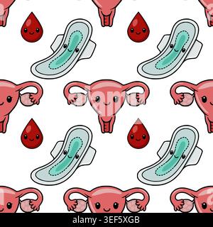 Illustration vectorielle sans couture mignonne de l'utérus kawaii, du coussinet menstruel et des personnages de goutte de sang Illustration de Vecteur
