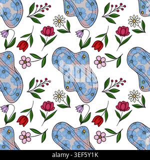 Motif vectoriel sans couture de tampons menstruels réutilisables avec des motifs floraux délicats et des éléments botaniques. Illustration de Vecteur
