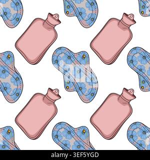 Modèle vectoriel sans couture de bouilloires roses et de serviettes hygiéniques réutilisables florales bleues Illustration de Vecteur