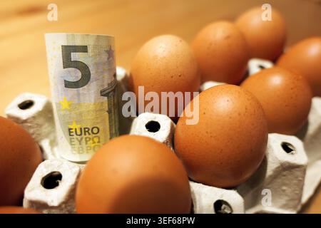 Oeufs non emballés dans un carton blanc avec un billet de cinq euros debout, illustrant les concepts d'inflation, de prix élevés des denrées alimentaires et de groc Banque D'Images