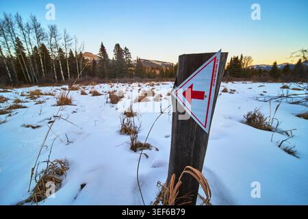 Flèche de signalisation d'hiver dans Snowy Field avec forêt et montagnes Banque D'Images