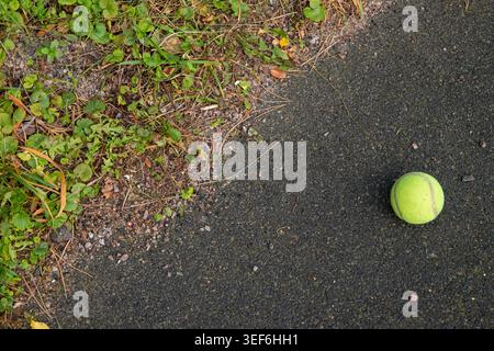 Balle de tennis sur un sol asphalté à côté de l'herbe verte et de la saleté. Équipement sportif extérieur pour le jeu ou la pratique. Jouer avec un chien. Vue de dessus Banque D'Images
