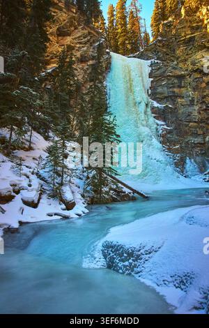 Cascade gelée et rivière avec des pins enneigés dans le paysage de Winter Canyon Banque D'Images