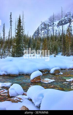 Rivière enneigée forêt Evergreen et montagne dans le paysage d'hiver Banque D'Images